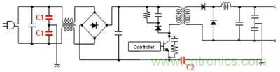 車載充電器電源電路例 (C1: AC線路濾波器用Y電容器、C2: 初級(jí)-次級(jí)耦合用電容器) 