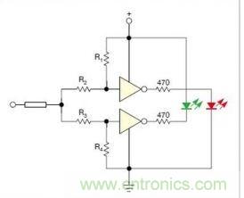 在雙門構(gòu)成的CMOS/TTL兼容探頭中，R1至R4電阻網(wǎng)絡(luò)對(duì)反相器輸入端做偏置