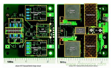 圖6：采用eGaN FET設計的48V至53V半磚PSE轉(zhuǎn)換器的頂視圖和底視圖(單位為英寸)。
