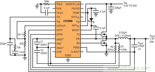 圖2：以非常低的DCR完成采樣的高效率、1.5V/30A降壓型轉(zhuǎn)換器