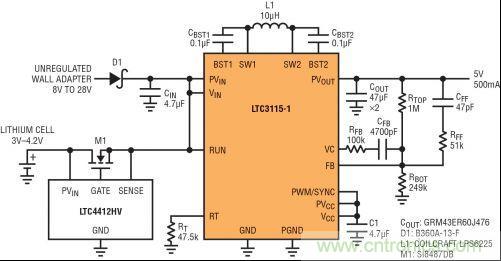 圖7：LTC3115-1與LTC4412HV相結(jié)合，以獲得由單節(jié)鋰離子電池和未穩(wěn)壓交流適配器提供的雙輸入5V電源