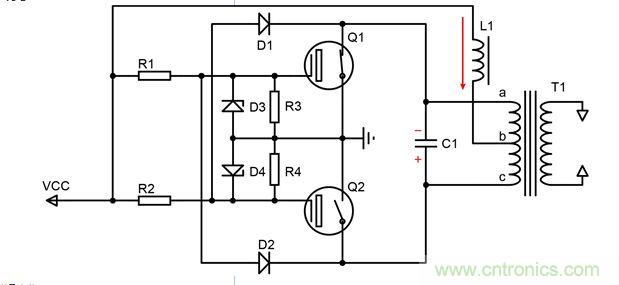 T1電流為0  C1兩端電壓達到最大值