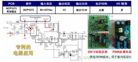 基于NCP1075開(kāi)關(guān)穩(wěn)壓器和200 V預(yù)穩(wěn)壓器的極寬電壓范圍15 W參考設(shè)計(jì)。