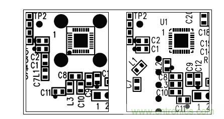  圖中所示為兩種不同的PCB布局，其中一種布局的元件排列方向不合理（L1和L3），另一種的方向排列則更為合適。