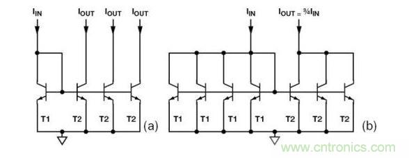 （a） 多級(jí)電流鏡 （b） 非整數(shù)比例電流鏡可將3個(gè)T2集電極結(jié)合起來(lái)，得到3IIN