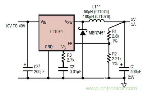 一款降壓開(kāi)關(guān)降壓穩(wěn)壓器LT1074的電路圖