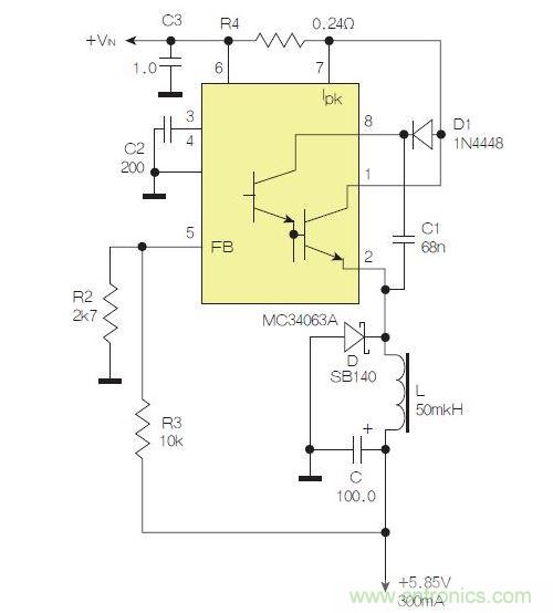 采用降壓配置中廣為使用的MC33063/MC34063的一個(gè)示例。