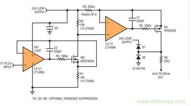 圖1：精確匹配的電阻器提供準(zhǔn)確的電壓至電流轉(zhuǎn)換