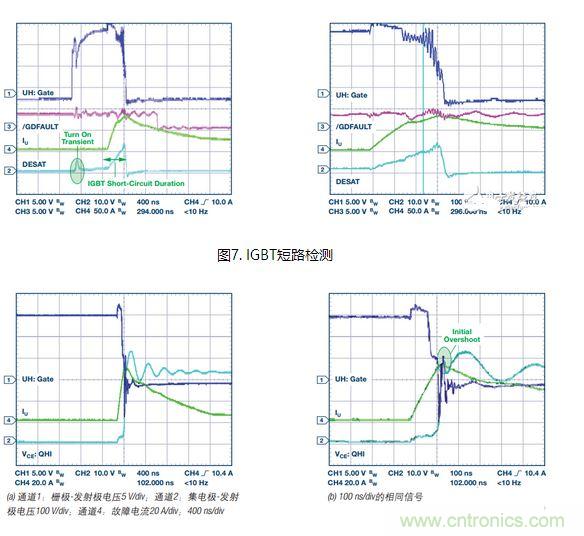 過流關斷時序延遲（通道1：柵極-發(fā)射極電壓10 V/div；通道2：來自 控制器的PWM信號5 V/div；通道3：低電平有效跳變信號5 V/div；100 ns/div）