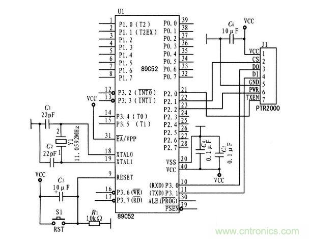 單片機(jī)與PTR2000接口原理圖