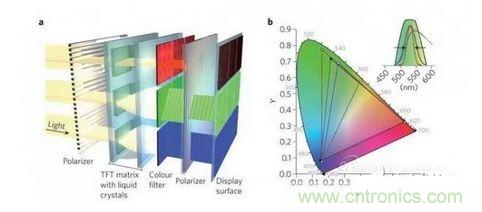  LCD顯示器示意圖。TFT表示薄膜晶體管（thin-film transistor）。