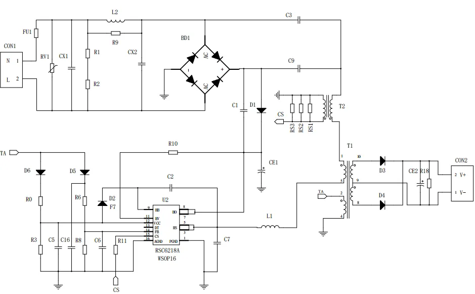 一、LED驅(qū)動模塊RSC6218A REASUNOS(瑞森半導體)通過持續(xù)投入研發(fā)，提升LLC應用技術，集成控制芯片與功率轉(zhuǎn)換，成功推出新一代產(chǎn)品RSC6218A WSOP-16，延續(xù)瑞森LLC拓撲方案，時機趨勢完全迎合我國雙碳政策，電氣特性契合新版國標GB/T 17625.1-2022和歐盟新版ERP認證EU2019/2020雙重法規(guī)，專為中小功率的產(chǎn)品提供優(yōu)秀的方案；接下來會分幾個篇章持續(xù)介紹新方案產(chǎn)品的應用資料和設計實例分享：  RSC6218A功率模塊內(nèi)部集成CS-CP-LLC電源半橋模塊和功率轉(zhuǎn)換模塊，延續(xù)瑞森主題設計方向單級實現(xiàn)高PF無頻閃技術和LLC諧振軟開關技術方案：該型號適用于5-18W功率段；具備高轉(zhuǎn)換效率(90%+)，高PF(>0.96)，低THD(<10%)，小型化(縮小PCB面積10-25%)，通過優(yōu)化產(chǎn)品內(nèi)部設計提升產(chǎn)品內(nèi)部功率器件的開啟與關閉性能，避免干擾發(fā)生，最高工作頻率達200KHZ，實現(xiàn)WSOP-16封裝兼顧散熱與小型化；并且內(nèi)部可自動設置死區(qū)時間，讓方案可靠易設計。 產(chǎn)品可廣泛應用于： 1.護眼系列燈具：如教室燈、辦公燈、護眼臺燈、壁燈、閱覽室燈等； 2.家居類燈具：如客廳燈、臥室燈、兒童房燈、廚房燈、走廊燈等； 3.軌道類燈具：地鐵照明、高鐵照明、隧道照明、車站照明等； 4.商照類燈具：筒燈、射燈、投射燈、 亮化燈、防爆燈等； 方案起到提供高效，穩(wěn)定，長壽命的作用。 二、產(chǎn)品功能框架  三、IC各PIN腳功能說明  PIN1 PGND 功率地，內(nèi)部是連接低邊MOS的S端地線； PIN2  NC  PIN3  HS 半橋MOS低邊漏極PIN； PIN4  HS 半橋MOS低邊漏極PIN； PIN5  HS 半橋MOS高邊源極PIN； PIN6  HS 半橋MOS高邊源極PIN； PIN7  NC  PIN8  HO 半橋MO高邊漏極； PIN9  HO 半橋MOS高邊漏極； PIN10 HB 半橋驅(qū)動高邊電源，通過外置的一個二極管與電容組成自舉回路，為高邊 MOS 的開啟提供電平； PIN11 VIN 高壓啟動的輸入腳，最高耐壓可達DC600V，啟動電流在1.7mA，一般應用是從高壓電解處串接一個1206100K電阻引到PIN1，在整個環(huán)路還未建立起來時，是靠這個引腳的供電通過內(nèi)部連接到PIN6VCC，然后把VCC電容慢慢充電到芯片的啟動電壓后，芯片開始工作。整個環(huán)路建立起來后，VIN腳內(nèi)部關斷，VCC 通過外部變壓器輔助繞組供電維持正常工作； PIN12  VCC 信號電源引腳， 工作電壓范圍 8-20V，工作電流在 0.8mA，靜態(tài)工作電流是 720uA； PIN13  NC DT懸空腳； PIN14 FB  電壓反饋輸入，VFB中心值是1.2V，該引腳的功能主要是限定空載電壓的最大幅度，該芯片空載保護屬于打嗝模式，可以有效降低空載損耗，能效要求輕松符合小于0.5W的要求； PIN15  CS 電流采樣正弦波信號輸入該PIN腳是通過線路中的互感電感采樣得到全波的正弦波信號， 通過電阻轉(zhuǎn)換為電壓信號后，輸入到CS PIN腳， 內(nèi)部連接到壓控振蕩器，根據(jù)輸入進來的電壓幅值大小，以及正弦波的頻率，壓控振蕩器輸出對應的方波來控制LG與HG端的MOS開關頻率，實現(xiàn)恒流調(diào)節(jié)控制； PIN16  AGND 信號地參考電平，主要連接 VCC，F(xiàn)B 對應 PIN 腳的元件地線。 四、關鍵PIN腳參數(shù)設定范圍  五、典型應用原理圖  關注瑞森半導體公眾號，接下來持續(xù)分享具體案例的設計參考文檔，攜手各伙伴們實現(xiàn)新版國標GB/T17625.1-2022的順利達標，為工程師縮短開發(fā)周期，讓工廠端得到滿意的產(chǎn)品，給客戶一個滿意的答卷，得到需要的利潤空間。